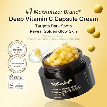 MEDICUBE Deep Vita C Capsule Cream, Crema Facial en Cápsulas con Agua de Espino Amarillo 50%, Niacinamida 5% y Vitamina C, Luminosidad y Tono Uniforme, 55 g