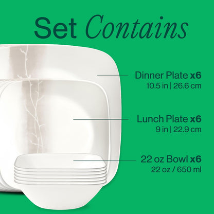 Corelle Vitrelle - Juego de vajilla de vidrio de 18 piezas, plato cuadrado rectangular y tazón de servicio para 6, juegos de platos y cuencos de vidrio resistentes a las virutas y grietas de triple