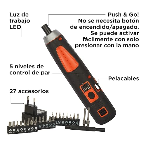 BLACK+DECKER Set Atornillador Inalámbrico 4V, 27 Accesorios, BD40K27 | Set de Atornillador Inalámbrico 4V, Incluye 27 Accesorios