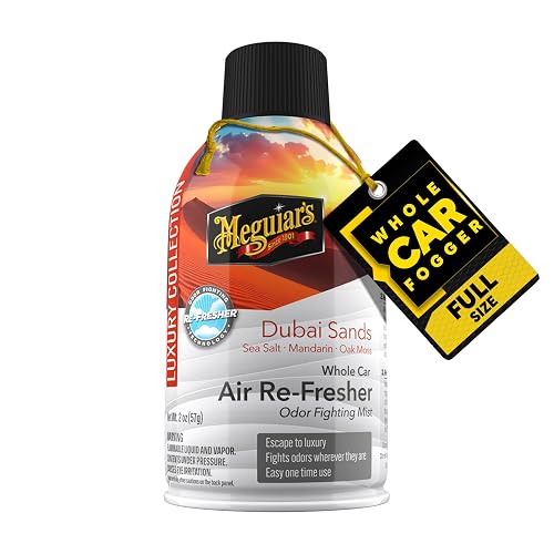 Meguiar's, Car Air Refresher Odor Fighting Mist, Dubai Sands, G262402, 57g | Ambientador de automóvil de larga duración, combate olores fuertes y no deseados, renovando interiores con un aroma lujoso y