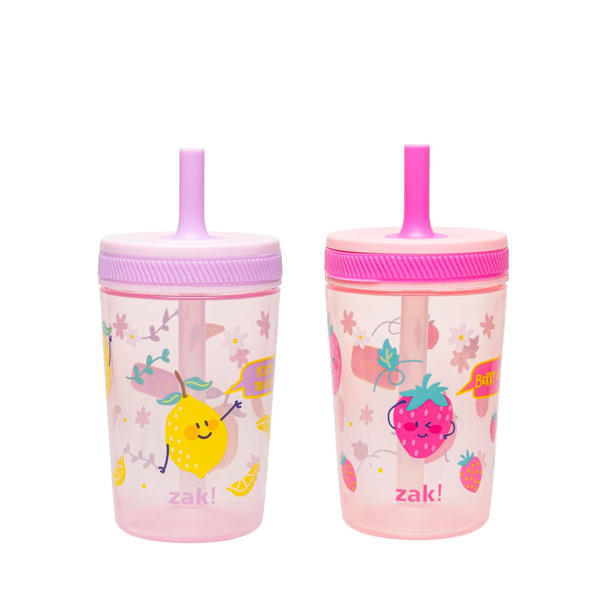 Zak Designs Kelso Vasos Infantiles con Popote Antiderrames, 15 oz, Paquete de 2 - Baya dulce, ralladura de limón - 15 Ounces - Vasos