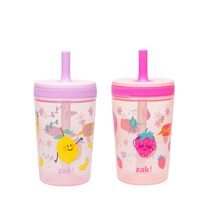 Zak Designs Kelso Vasos Infantiles con Popote Antiderrames, 15 oz, Paquete de 2 - Baya dulce, ralladura de limón - 15 Ounces - Vasos