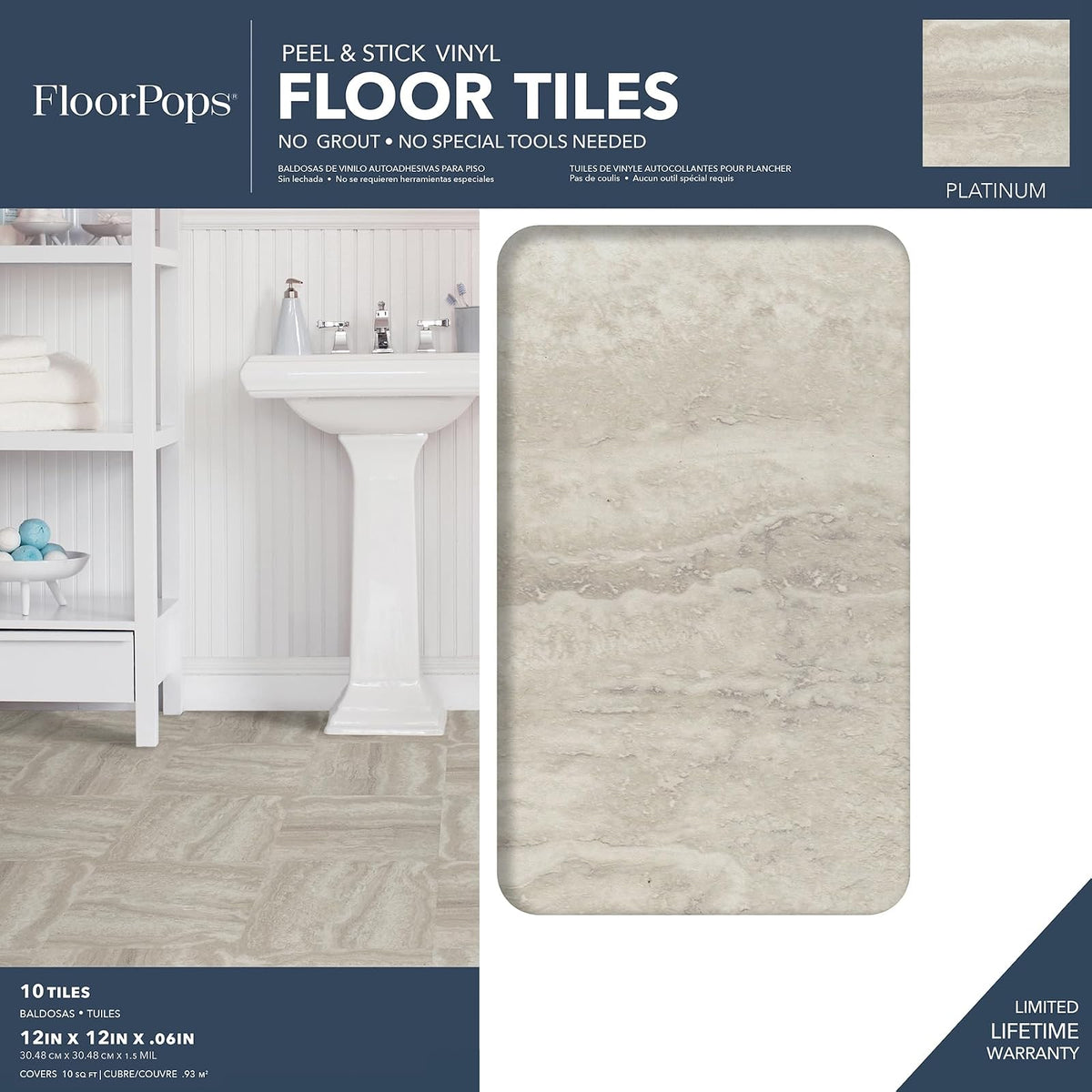 FloorPops FP3327 Platinum Peel & Stick - Azulejos de piso para despegar y pegar, color gris, 12 x 12 pulgadas