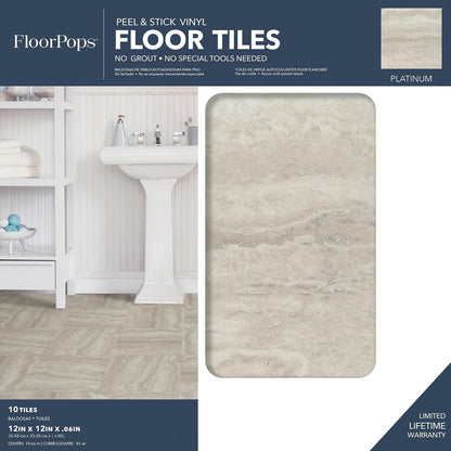 FloorPops FP3327 Platinum Peel & Stick - Azulejos de piso para despegar y pegar, color gris, 12 x 12 pulgadas