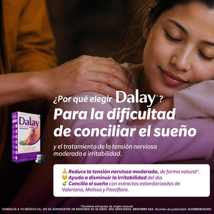 DALAY Tratamiento para el Manejo de la Tensión, Para el tratamiento de la tensión nerviosa moderada, irritabilidad y dificultad para conciliar el sueño, Envase con 30 cápsulas