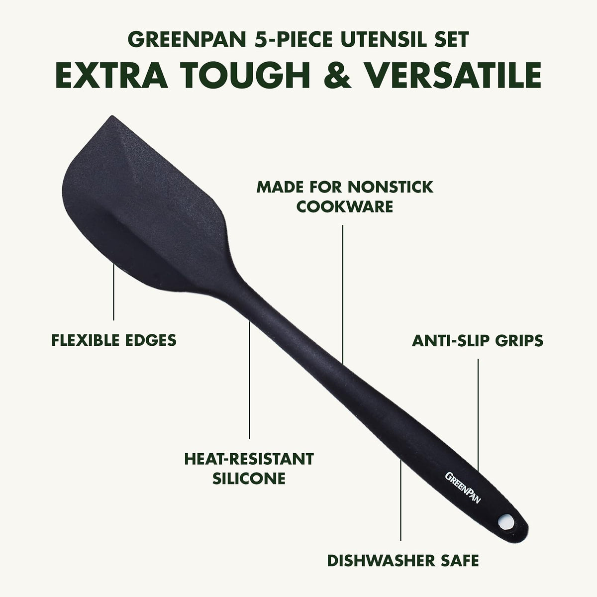 GreenPan - Juego de utensilios de cocina de 5 piezas, silicona antiadherente flexible, sin manchas, pinzas, volteador, espátula, skimmer y cuchara ranurada, color negro