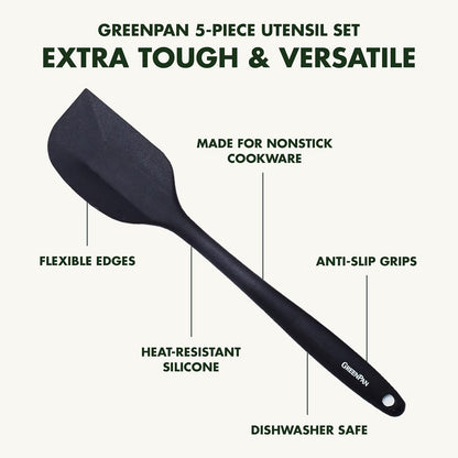 GreenPan - Juego de utensilios de cocina de 5 piezas, silicona antiadherente flexible, sin manchas, pinzas, volteador, espátula, skimmer y cuchara ranurada, color negro