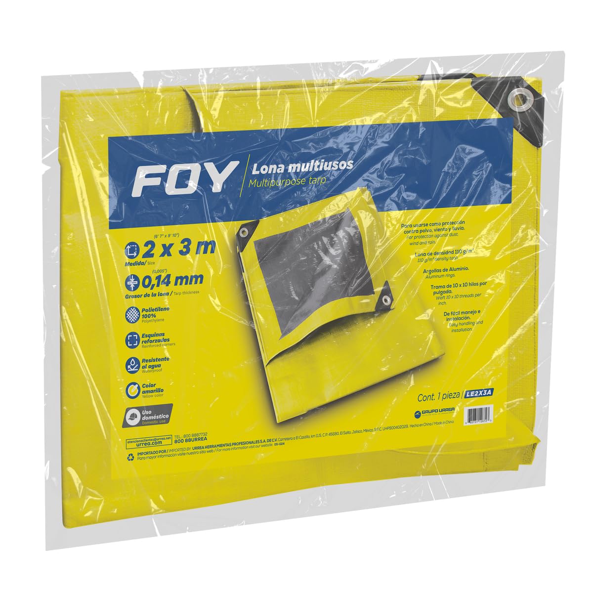 Foy LE2X3A Lona de polietileno color amarillo con fondo plata, 2 x 3 m