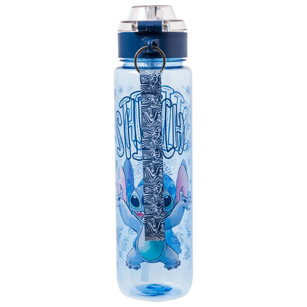 Silver Buffalo Disney Lilo and Stitch Botella de agua de plástico con tapa de bloqueo, correa y popote, 32 onzas