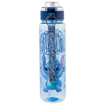 Silver Buffalo Disney Lilo and Stitch Botella de agua de plástico con tapa de bloqueo, correa y popote, 32 onzas