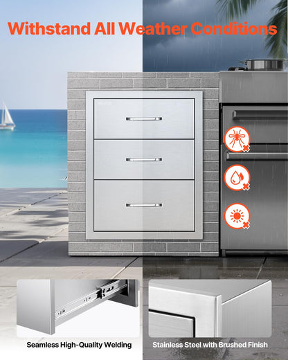 VEVOR Cajones de cocina para exteriores de 46 cm de ancho x 59 cm de profundidad x 59 cm de alto. Cajonera modular de acero inoxidable con triple acceso y asas. Cajón para isla de barbacoa