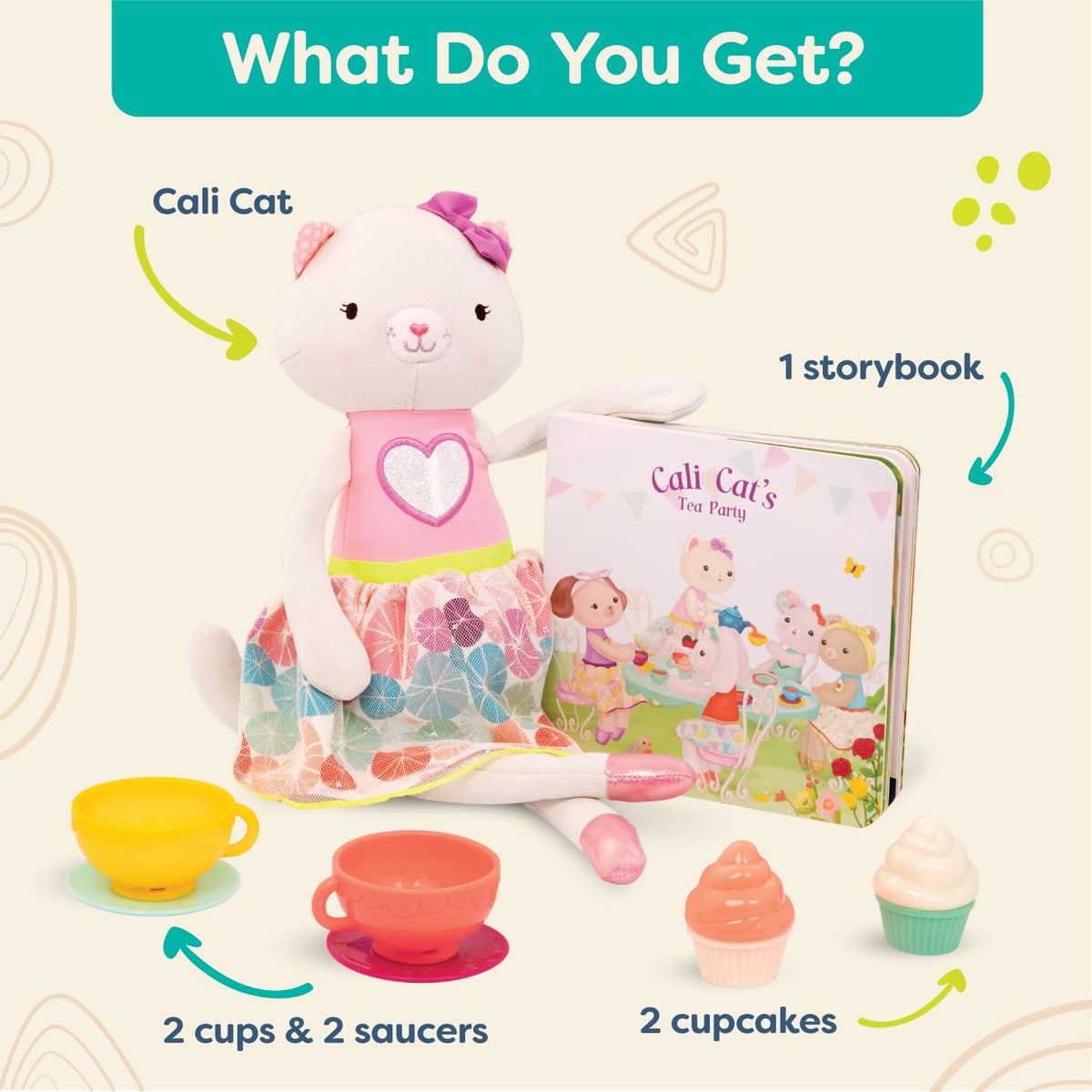 B. toys Tippy Toes Cali Cat, Gata de Peluche con Libro y Juego de té | Set de 8 con Cali Cat, libro de cartón, 2 tazas, 2 platos y 2 pastelitos para juego simbólico y lectura, 2 años y +