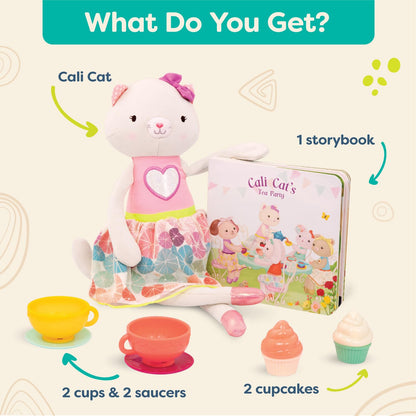 B. toys Tippy Toes Cali Cat, Gata de Peluche con Libro y Juego de té | Set de 8 con Cali Cat, libro de cartón, 2 tazas, 2 platos y 2 pastelitos para juego simbólico y lectura, 2 años y +