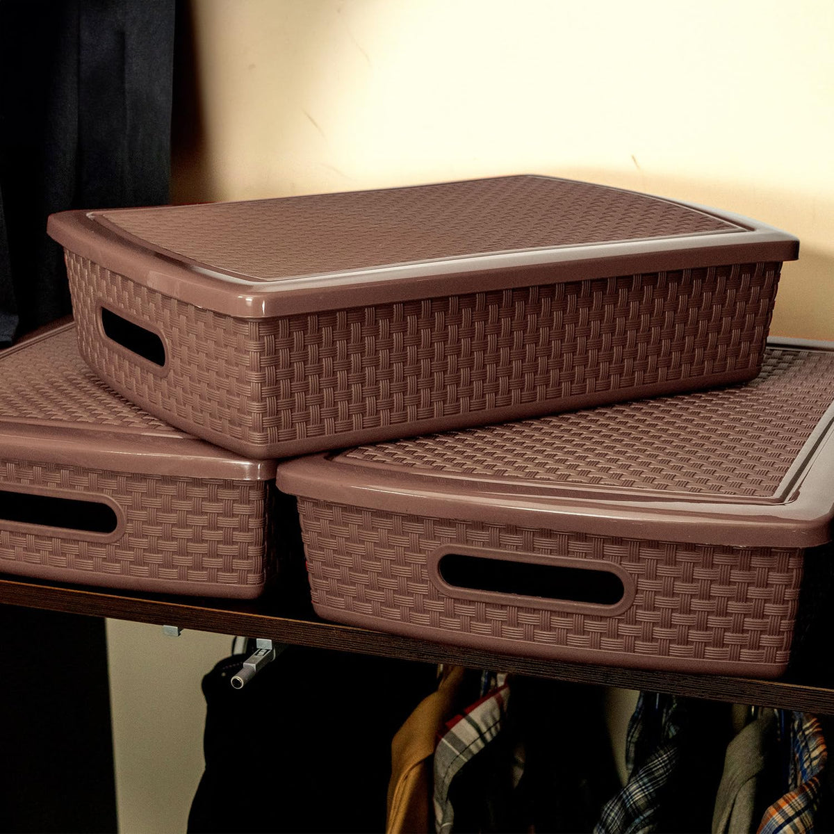 Guateplast - Set de 3 Cestas Plásticas Rectangulares de 12 Litros | Contenedores Plásticos para Organizar el Hogar | Organizadores | Cajas de Plástico | Color Chocolate