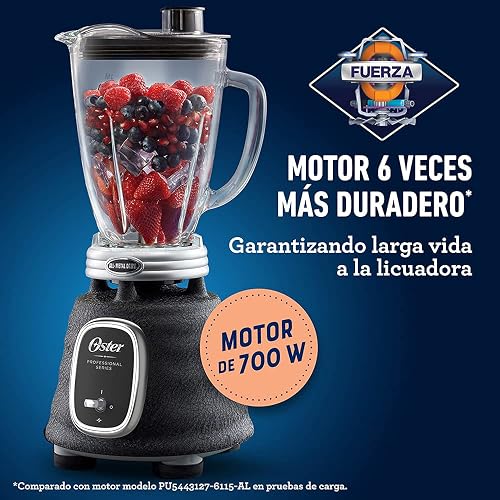 Oster Licuadora Clásica 1000 W 3 Velocidades con Vaso de Vidrio | Prepara sopas y recetas frías, cuchilla trituradora de hielo, acople metálico y motor reversible, palanca, BLSTBESTE-013