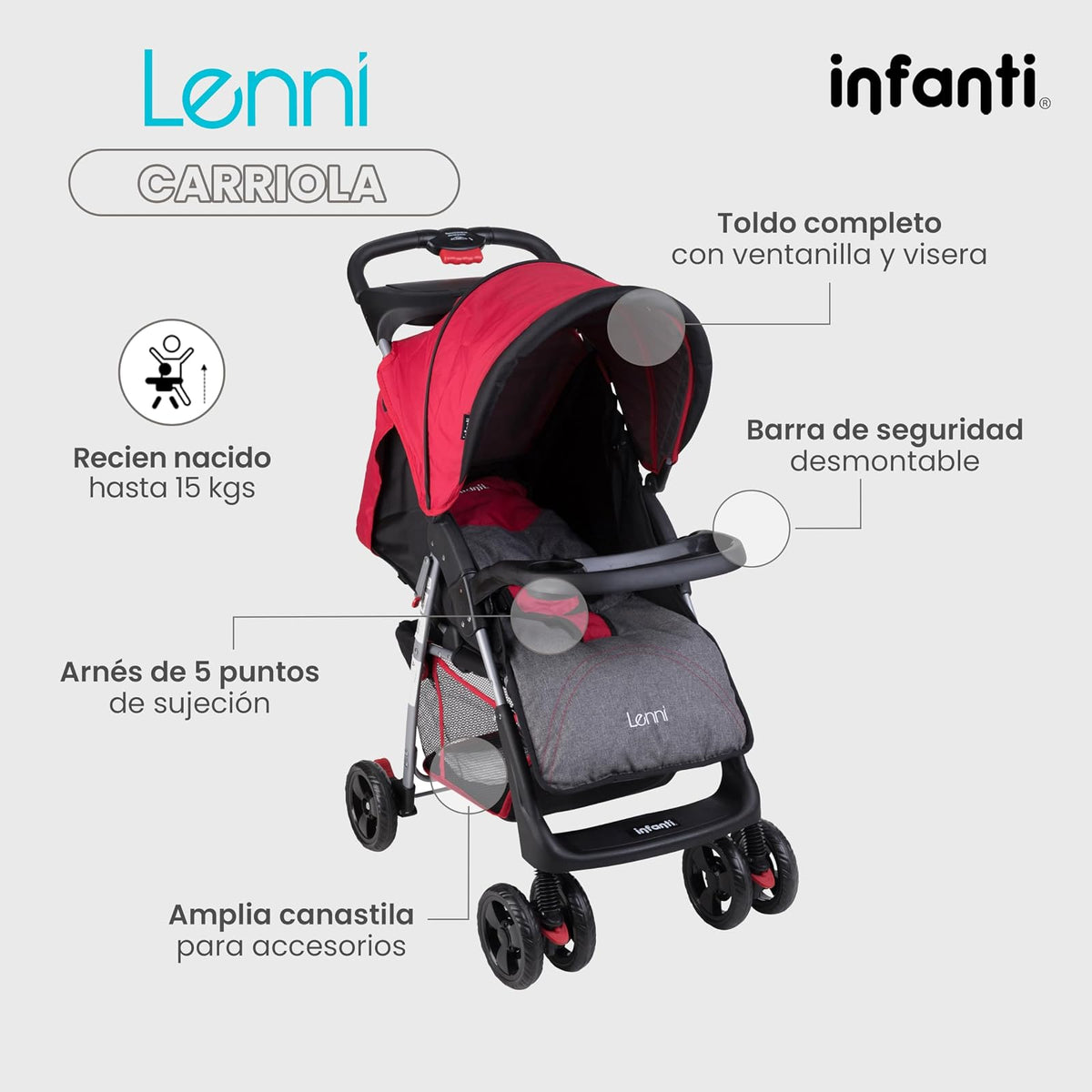 INFANTI | Carriola Para Bebe LENNI | Carreola con Portabebé - Sistema De Viaje | Travel System - Accesorios de hasta 15kg | Charola Desmontable y Plegable | Con Portavasos | Color Rojo