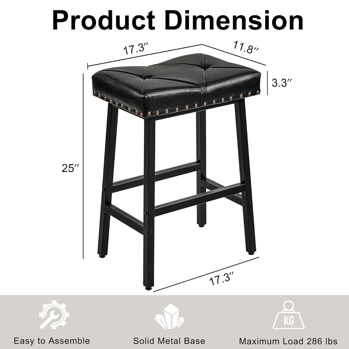 VECELO - Taburetes de 25 Pulgadas de Altura para la Isla de Cocina, Asientos tapizados de Poliuretano de 3.3 Pulgadas de Grosor, sillas de Bar sin Respaldo con Base de Metal, Color Negro
