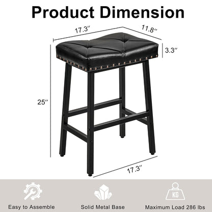 VECELO - Taburetes de 25 Pulgadas de Altura para la Isla de Cocina, Asientos tapizados de Poliuretano de 3.3 Pulgadas de Grosor, sillas de Bar sin Respaldo con Base de Metal, Color Negro