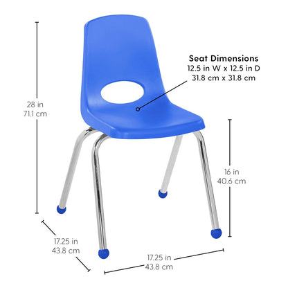 FDP 10382-BL - Silla de escuela apilable de 16 pulgadas, asiento de estudiante con patas de acero chapado en cromo y deslizamientos de bola; para aprendizaje en casa o aula, color azul (paquete de 4
