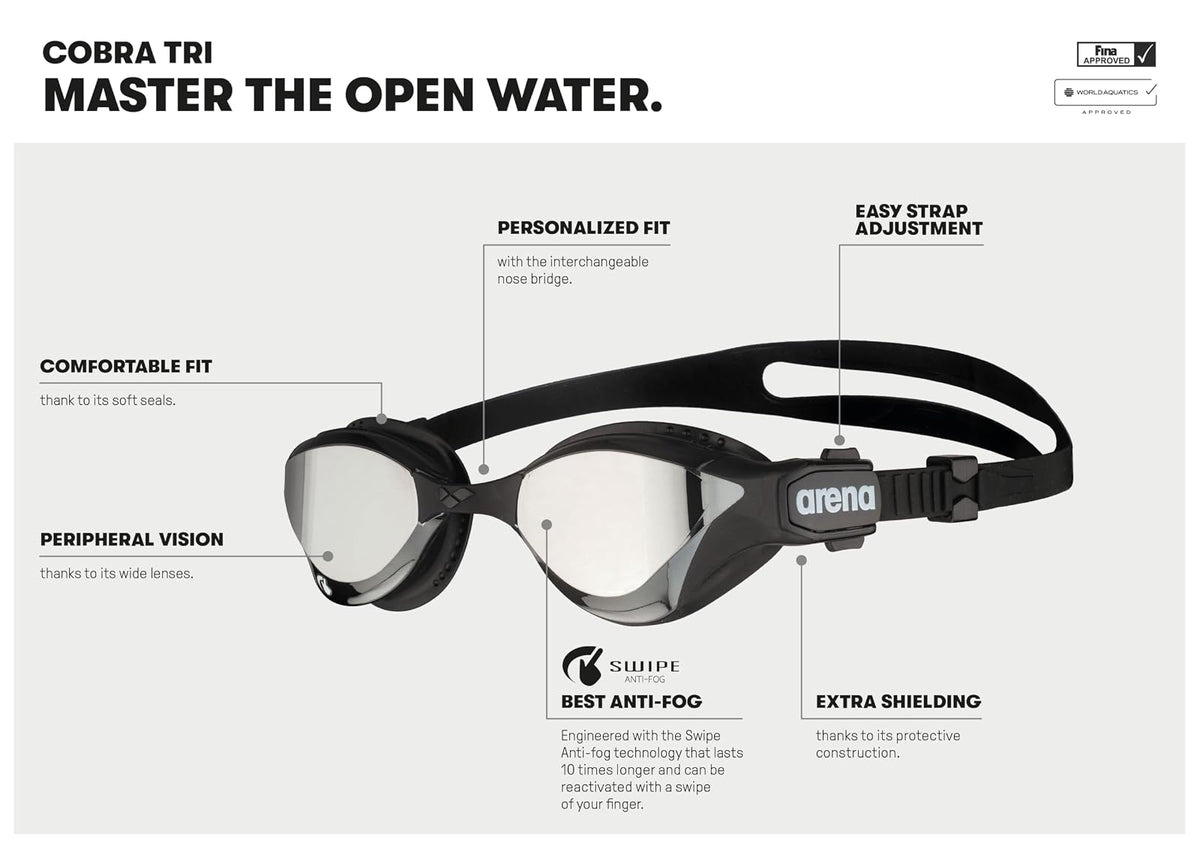 ARENA - anteojos de natación unisex de triatlón y fitness para adultos, tecnología antivaho, lente de espejo de visión ancha