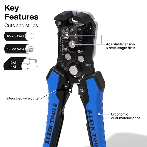 Klein Tools 11061 Pinza Pelacables/Cortacables de ajuste automático para cable sólido de 10-20 AWG y cable trenzado de 12-22 AWG