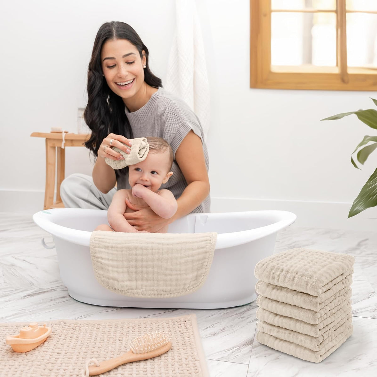 Comfy Cubs Toallitas de Muselina para Bebé (Paquete de 10), Toallas Suaves de 6 Capas de Algodón para Piel Sensible, Grandes, Absorbentes y Delicadas Arena