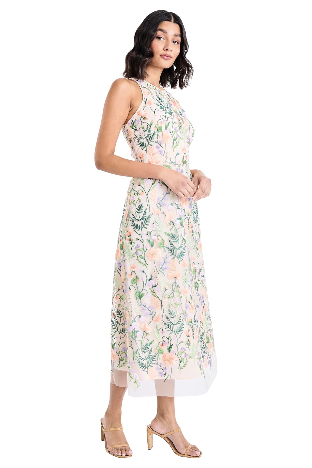 Maggy London Women's Floral Embroidered Halter Midi Dress with Back V-Neck