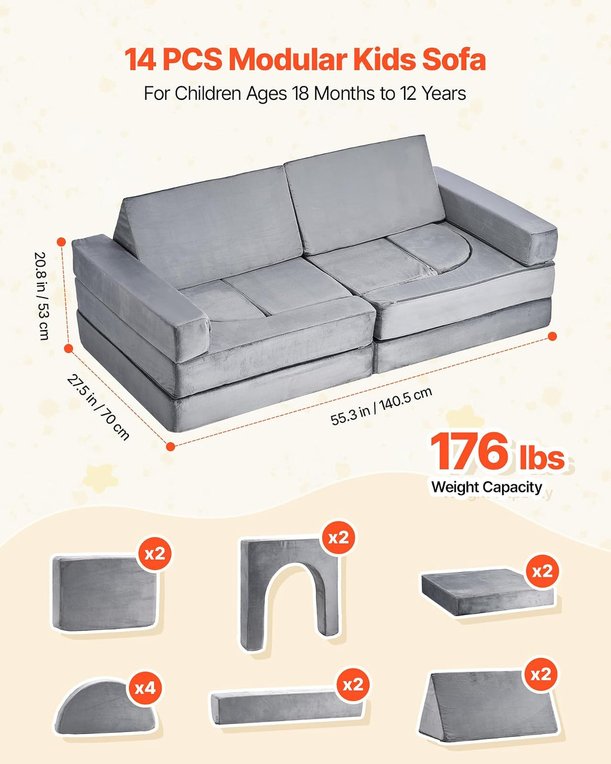 VEVOR Sofá Modular para Niños, Sofá Convertible Seccional de Esponja 28D y Pelo Corto con Reposabrazos, Combinación Creativa DIY para Sala de Juegos, Sala de Estar para Niños, 14 Piezas, Gris