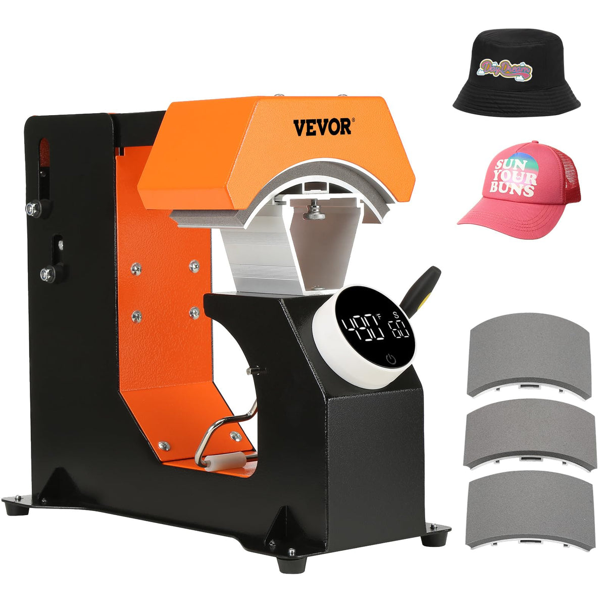 VEVOR - Máquina de prensa de calor para sombreros 3 en 1 para tapas, sin arrugas, liberación automática y panel de control digital estilo perilla de presión, con 3 placas intercambiables (6.6 x 2.7
