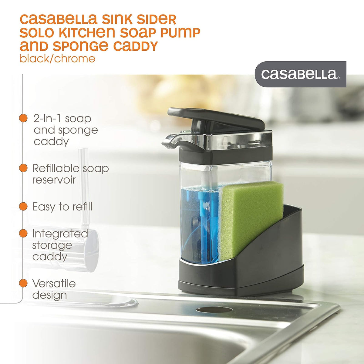 Casabella Sink Sider Jabonera con Esponja para Fregadero, Negro, 1, 1 + Madesmart 29606 Bandeja para Cubiertos de 6 Compartimentos, Granite, Grande 16" x 12.9" x 1.88" (40.64 x 32.77 x 4.76 cm)