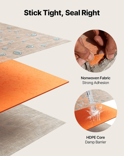 VEVOR Membrana Impermeable de Polietileno 1 x 10 m 10 m² Espesor de 0,5 mm, Lámina Impermeabilizante 1 Rollo, Tela no Tejida de 2 Capas, Membrana para Ducha para Azulejo, Cerámica, Pared, Naranja