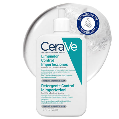 CeraVe Limpiador Control Imperfecciones 16oz para piel con tendencia al acné,con Ácido Salicílico, Niacinamida y Arcilla Purificante.