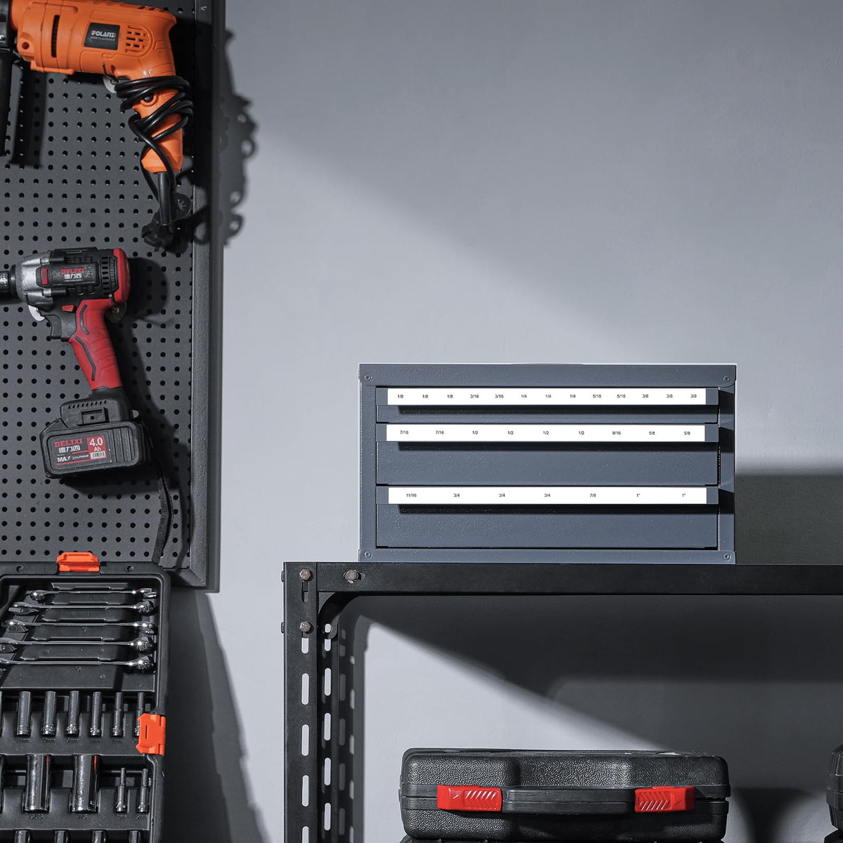 VEVOR - Dispensador de molino de extremo – Gabinete organizador de molino de extremo de tres cajones, acero laminado en frío, tamaños fraccionales de 1/8 a 1 pulgada