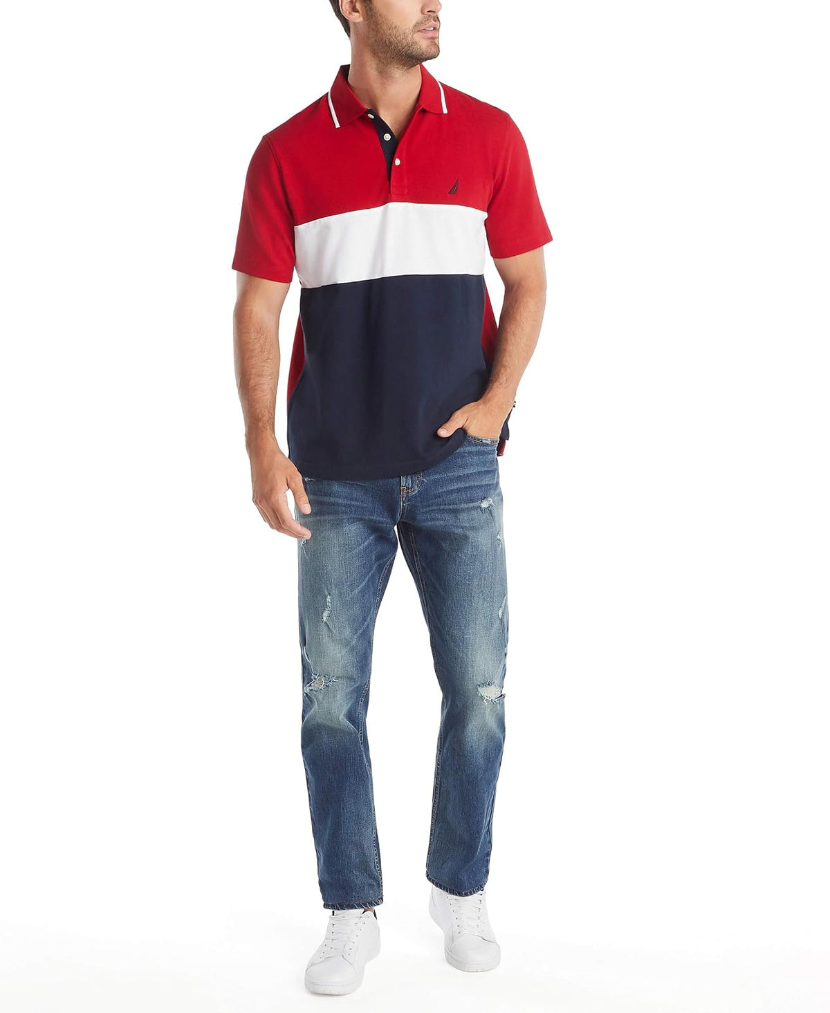 Nautica Polo de Manga Corta 100% algodón piqué Bloque de Color Camisa de Polo para Hombre