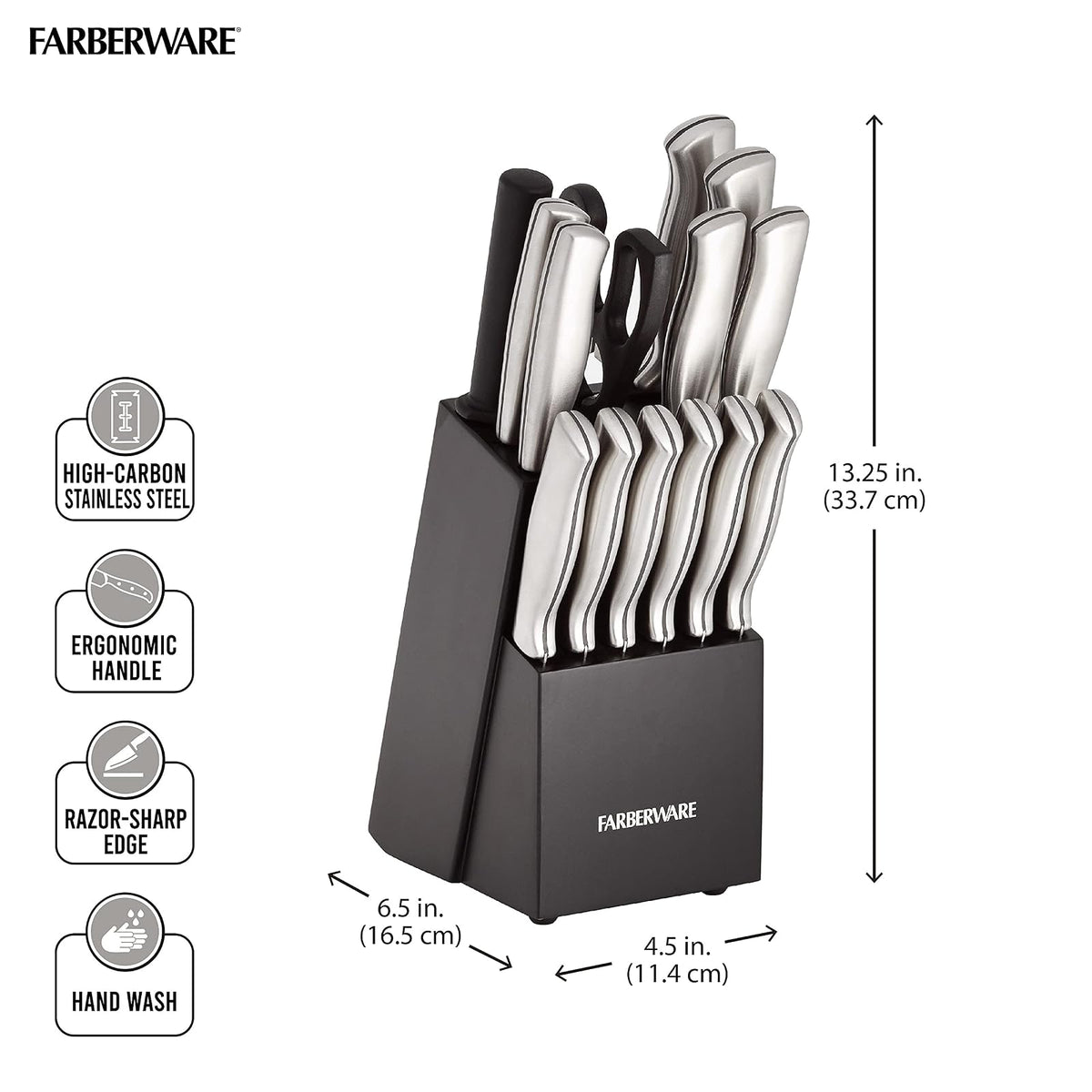 Farberware Juego de cuchillos de acero inoxidable con bloque para almacenamiento, 15 piezas