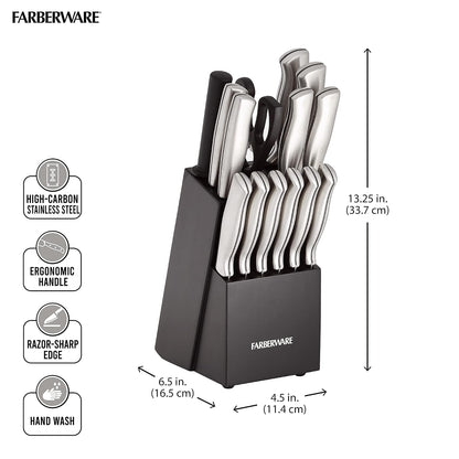 Farberware Juego de cuchillos de acero inoxidable con bloque para almacenamiento, 15 piezas