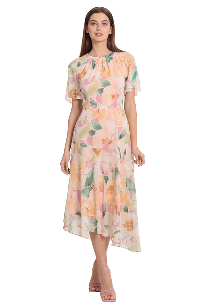 Maggy London - Vestido de Manga Corta con vuelos y Acampanados para Mujer con Dobladillo asimétrico