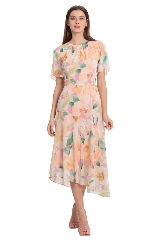 Maggy London - Vestido de Manga Corta con vuelos y Acampanados para Mujer con Dobladillo asimétrico