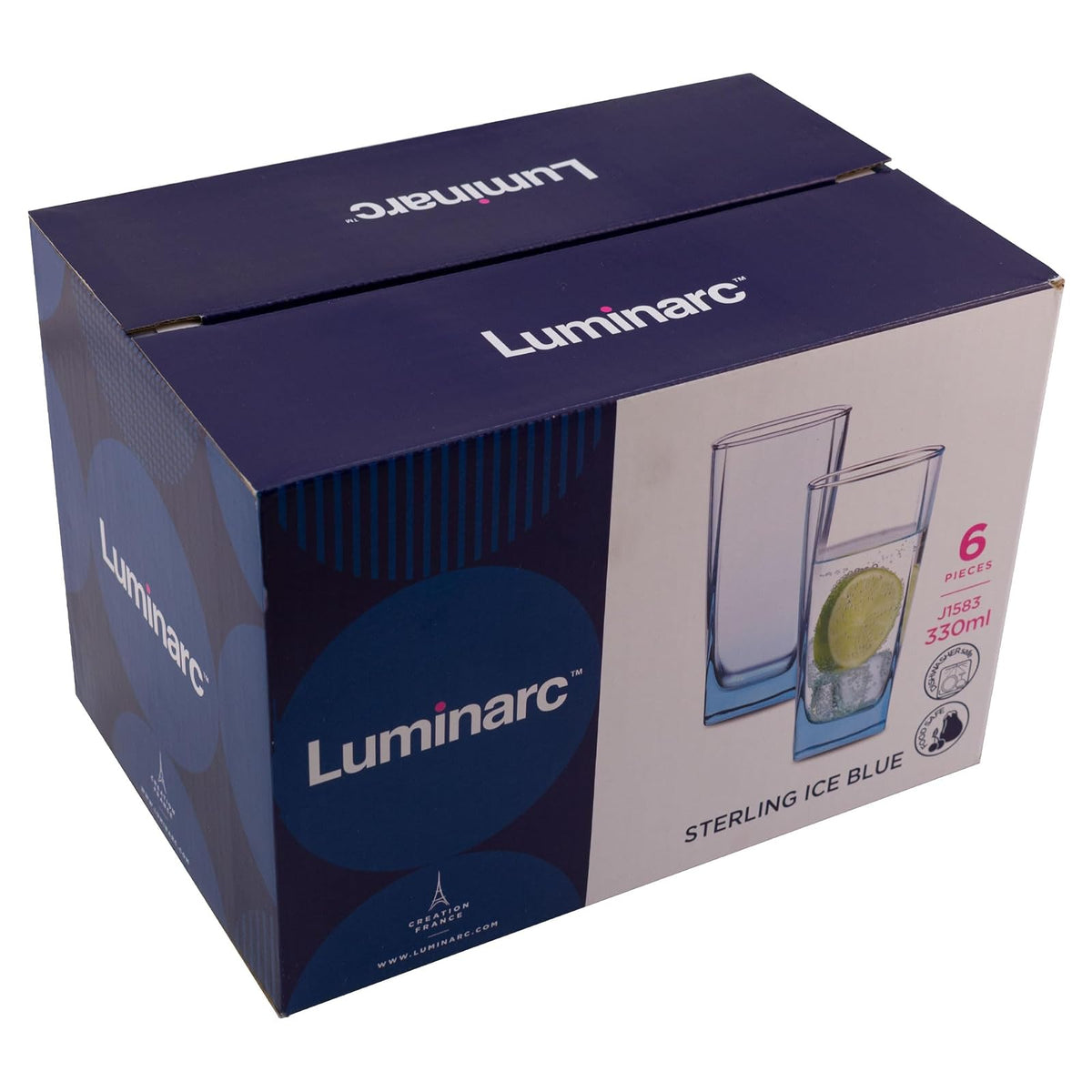 Luminarc 307-6106 Juego de 6 Vasos Largos, Estilo Atemporal con Acabado Azul, Colección Stearling, Elaborados de Vidrio Resistente, Para Agua y Todo Tipo de Bebidas, Capacidad 330 ml