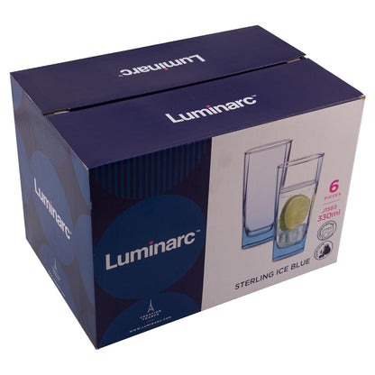 Luminarc 307-6106 Juego de 6 Vasos Largos, Estilo Atemporal con Acabado Azul, Colección Stearling, Elaborados de Vidrio Resistente, Para Agua y Todo Tipo de Bebidas, Capacidad 330 ml