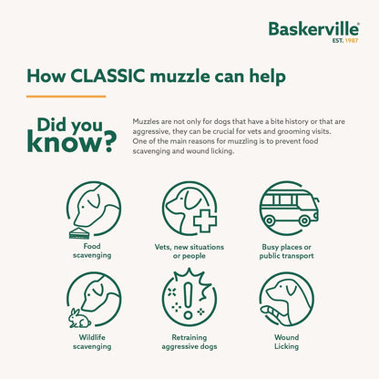Baskerville - Bozal clásico para canastas, pantalón y Bebida, Evita mordeduras y residuos de Alimentos, Fuerte TPR, Ideal para Perros de Nariz más Larga, bozal de Entrenamiento Transpirable para