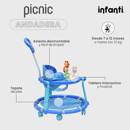 Infanti - Andadera para Bebe 3 en 1 Picnic - Juguetes para Bebe - Andador para Bebe - Con Paseador y Juguetero Musical - Cosas para Bebes - Barra de empuje. (Azul)