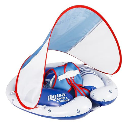 SwimSchool Freestyle - Flotador de piscina para bebé con múltiples posiciones, asiento de seguridad ajustable, natación última intervensión, doble cámara de aire, rojo, blanco, azul náutico