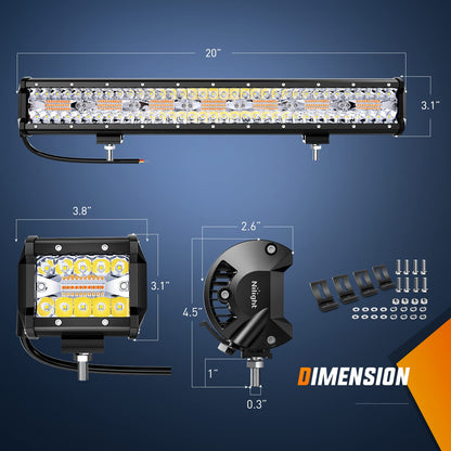 Nilight 20Inch 420W LED Light Bar 2PCS 4Inch 60W Light Pods Amber White Strobe 6 Modes Memory Function Reset Function Off Road Truck with 16AWG Wiring Harness Kit-3 Lead, 2 Years Warranty