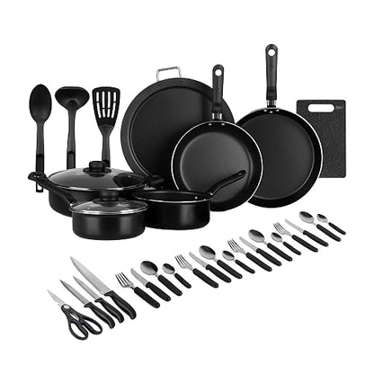 Ekco | Batería de Cocina 32 Piezas de Aluminio Antiadherente Negro | Antiadherente, fácil limpieza, tapas vidrio, utensilios nylon, comida saludable, calor uniforme, libre PFOA, certificado NOM