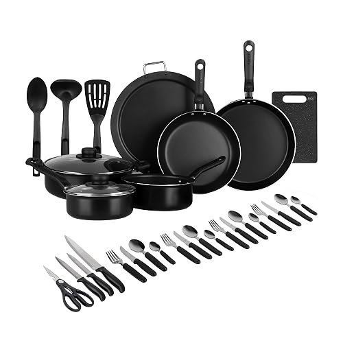 Ekco | Batería de Cocina 32 Piezas de Aluminio Antiadherente Negro | Antiadherente, fácil limpieza, tapas vidrio, utensilios nylon, comida saludable, calor uniforme, libre PFOA, certificado NOM