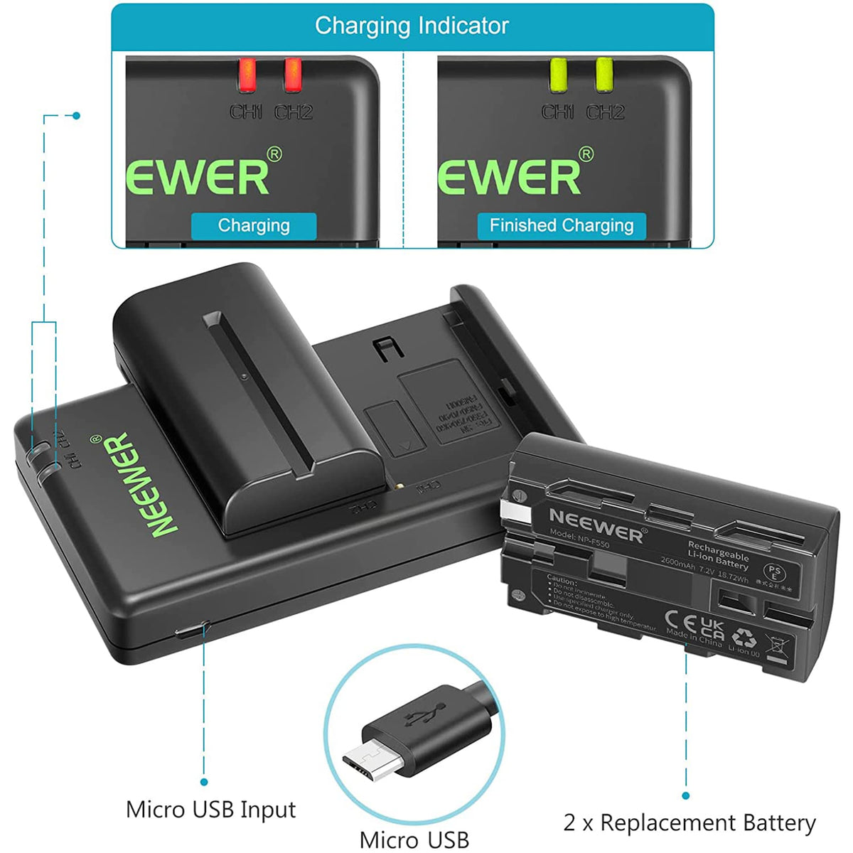 NEEWER Batería Repuesto y Cargador Set para EN-EL25, 2 Pack 1350mah Batteries & Cargador USB Doble Canal Tipo C Compatible con Nikon Z30 Z50 ZFC Camera 4241 EN-EL25 Battery MH-32 Charger