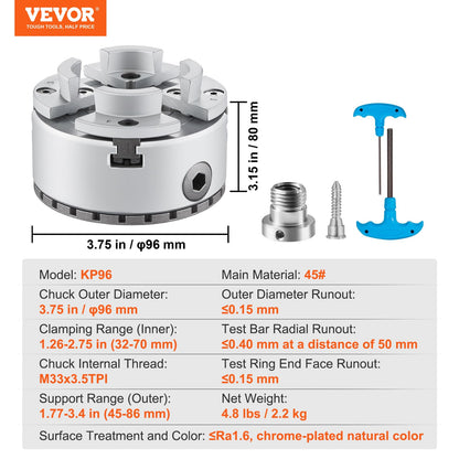VEVOR Mandril de torno KP96 de 4 mordazas y 3,75" de diámetro. Mandril de torno metálico. Accesorios para tornos. Herramienta autocentrante para tornos, mecanizado de precisión