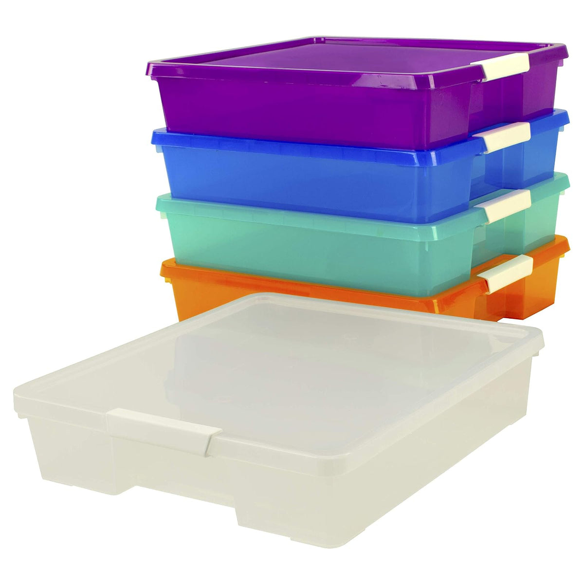 Storex Classroom Craft Project Box – Organizador de plástico apilable para papel de álbum de recortes de 12 x 12 pulgadas, varios colores de vapor, paquete de 5 (63202C05C)