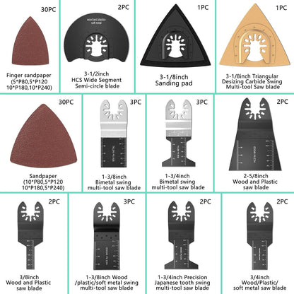 Protoiya - 87 cuchillas oscilantes para herramientas de madera, metal, plástico, de liberación rápida, multiherramienta oscilante, accesorios con papel de lija compatible con Dewalt, Milwaukee,